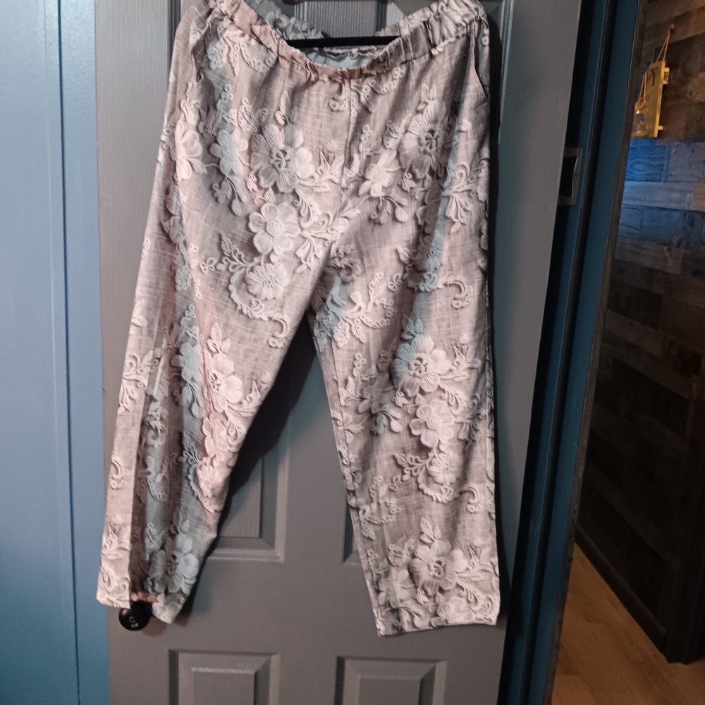 Light Gray Tan Floral Embroidered Women's Pants